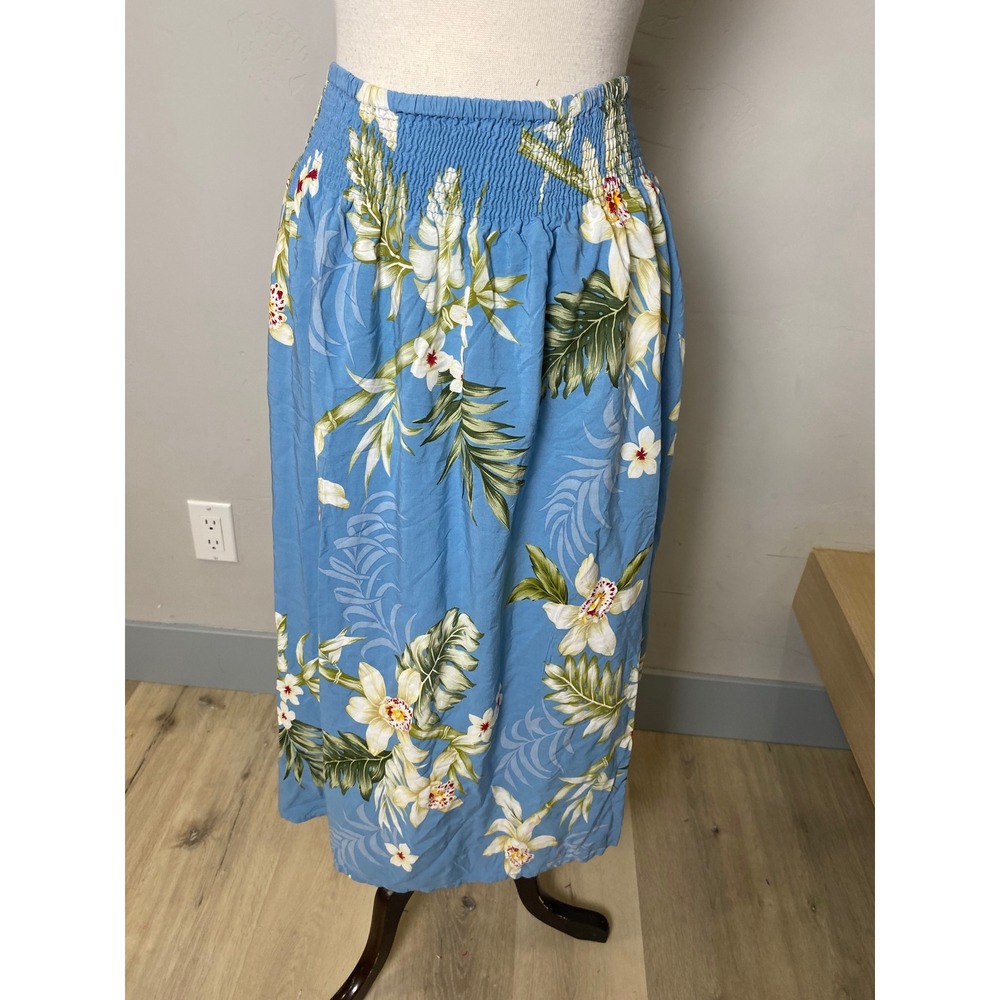 Vintage Winnie Fashion Hawaii Floral Smocked Midi Skirt Strapless Dress Blue M